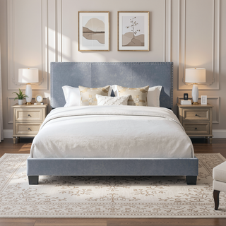 Sunvega Plush Velvet Upholstered Platform Bed with Nailhead Trim and Padded Headboard
