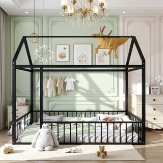 Sunvega Full Size Playhouse Metal Bed Frame with Fence for Kids and Teens