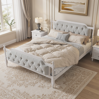 Sunvega French Provincial Style Solid Wood Bed Frame with Tufted Headboard