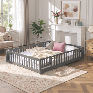 Sunvega Solid Wood Floor Bed with Safety Guardrails and Door for Children