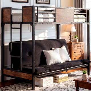 Sunvega Industrial Twin Over Futon Bunk Bed With Metal Frame and Wood Panels