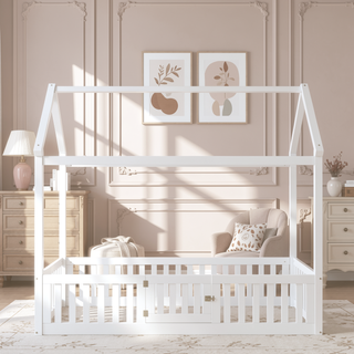Sunvega Twin Size Wood House Bed with Fence Door and Distressed Washed Design