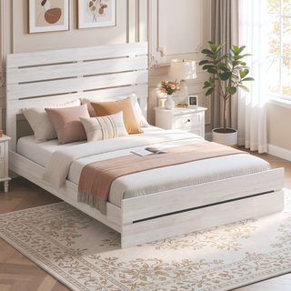 Sunvega Barrel Oak Slatted Headboard Queen Panel Bed with Matching Footboard