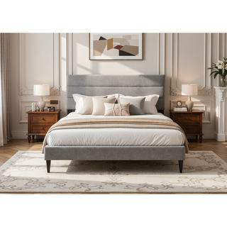 Sunvega Queen Upholstered Pleated Bed in a Box with Sturdy Dark Brown Frame