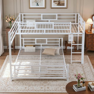 Sunvega L-Shaped Metal Twin Over Full Bunk Bed with Guard Rails