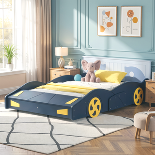 Sunvega Twin Size Race Car Bed with Wheels Storage and Sturdy Wood Construction