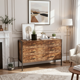 Sunvega Industrial Rustic Brown Wood Dresser with 4 Drawers and Steel Frame