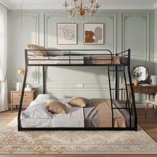 Sunvega Durable Metal Twin over Full Bunk Bed with Guardrails and Wooden Slats