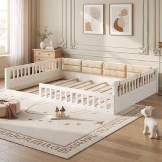 Sunvega Beige Full Size Upholstered Wood Platform Bed with Guardrail and Pillow