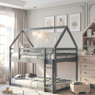 Sunvega Twin Size House Bunk Bed with Slide and Ladder for Kids Room