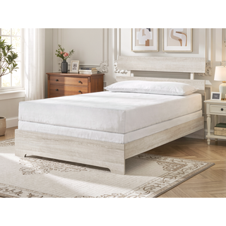 Sunvega Rustic Contemporary Platform Bed Frame with White Wash Finish and Slat Headboard