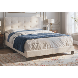 Sunvega Low Profile Queen Upholstered Bed Frame with Tufted Headboard and Black Legs