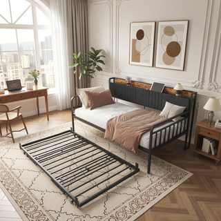 Sunvega Twin Daybed with Trundle Farmhouse Frame Sliding Barn Door Headboard Charging Station