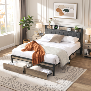 Sunvega Full Size Metal Platform Bed Frame with Upholstery Storage Headboard and Footboard
