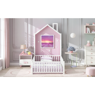 Sunvega White Twin Size House Platform Bed with Guardrail and Chimney