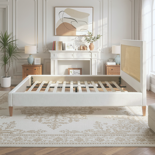 Sunvega Antique White Polyester Upholstered Cane-Back Platform Bed with Birch Frame