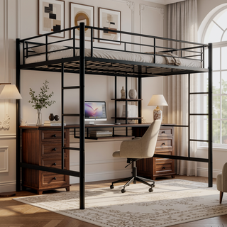 Sunvega Full Loft Bed with Desk and Shelf, Space Saving Design in Black