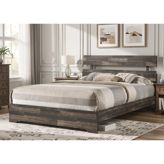 Sunvega Rustic Queen Platform Bed Slat Headboard with Brown Finish Wood Veneers