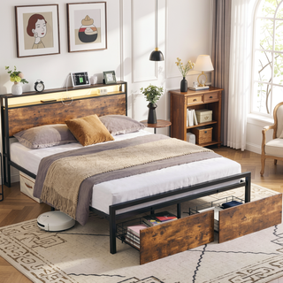 Sunvega Queen Size RGB LED Bed Frame with Storage Headboard and Charging Station