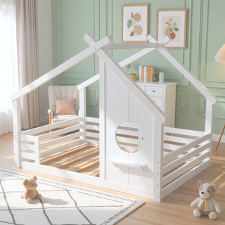 Sunvega White Twin House Floor Bed with Window and Shelf for Kids Room