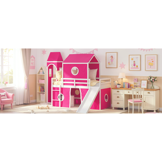 Sunvega Sturdy Pink Twin Size Loft Bed with Slide Tower and Playhouse Design