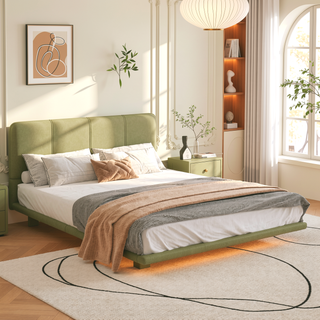 Sunvega Floating Bed Frame with Modern PU Leather Upholstery and Remote LED Lights Queen Size