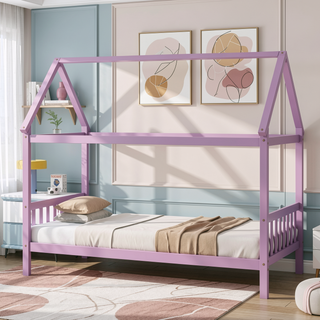 Sunvega Twin Rubber Wood House Bed with Headboard and Footboard in Light Grey