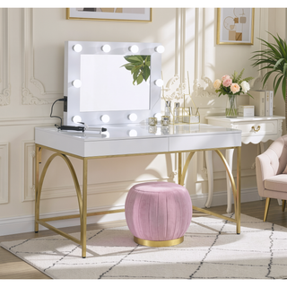 Sunvega White High Gloss Vanity Desk with Gold Finish and 2 Storage Drawers