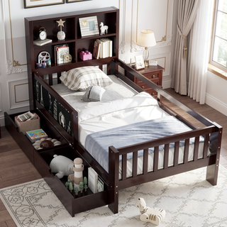 Sunvega Twin Solid Wood Platform Bed with Chalkboard Headboard and Storage Drawers