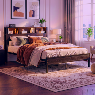 Sunvega Twin Size Bed Frame with Storage Headboard, Charging Station, and Bookcase
