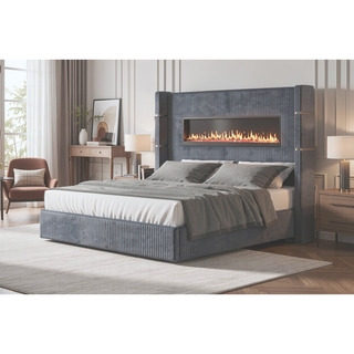 Sunvega King Size Upholstered Wooden Bed with Bluetooth Speakers and USB Ports