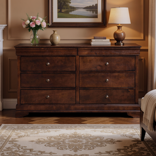 Sunvega Brown Cherry Finish Louis Phillipe Style 6 Drawer Dresser with Hidden Jewelry Storage
