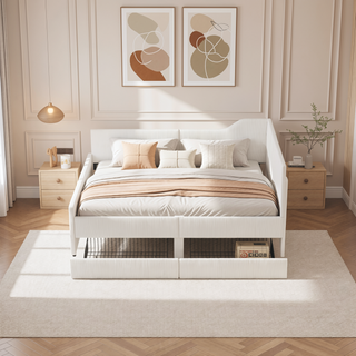 Sunvega L-Shaped Semi-Enclosed Upholstered Corduroy Daybed Frame with 2 Storage Drawers