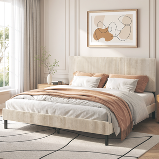 Sunvega Sturdy Noiseless Metal King Bed Frame with Beige Headboard