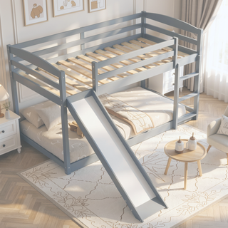 Sunvega Twin over Twin Floor Low Bunk Bed with Ladder for Kids Bedroom