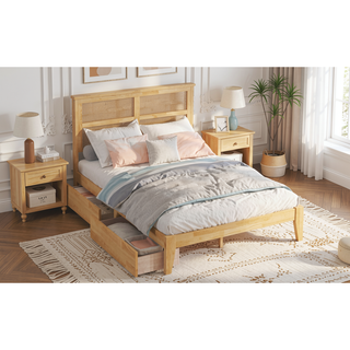 Sunvega Full Size Bed with Rattan Headboard Two Storage Drawers and Enhanced Support Slats