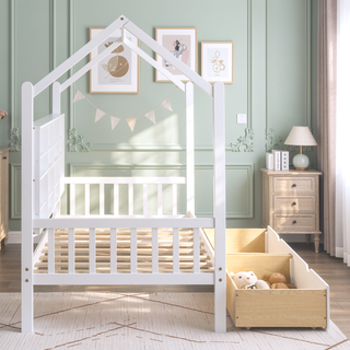 Sunvega White Twin Size Wooden House Bed with 2 Storage Drawers and Shelf
