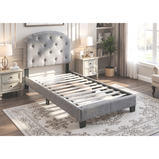Sunvega Light Gray Finish Twin Size Burlap Fabric Button Tufted Headboard Bed