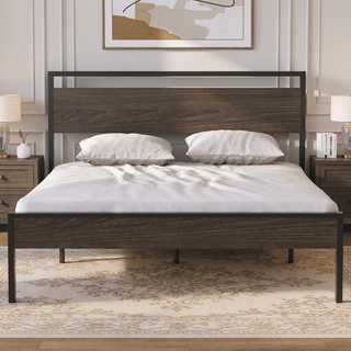 Sunvega Black Metal Bed with Walnut Wood Headboard and Footboard for Queen Size
