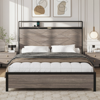 Sunvega Modern Wood and Metal Platform Bed Frame with LED Headboard USB Charging