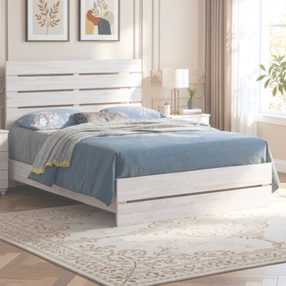 Sunvega Barrel Oak Slatted Headboard Queen Panel Bed with Matching Footboard
