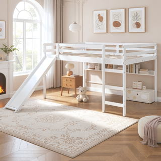 Sunvega Elegant White Full Size Wood Loft Bed with Slide and Ladder
