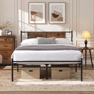 Sunvega King Size Metal Bedframe with Wood Panel Headboard and Under Storage