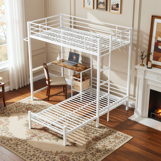 Sunvega Twin Over Twin Metal Bunk Bed with L-Shaped Desk Station and Storage Shelves