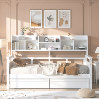 Sunvega Twin Size Daybed with Wood Slat Support, Bedside Shelf, and Two Drawers