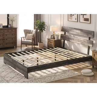 Sunvega Rustic Queen Platform Bed Slat Headboard with Brown Finish Wood Veneers