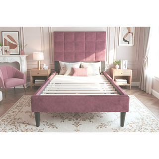 Sunvega Twin Bed with Adjustable Headboard and Soft Brushed Linen Fabric