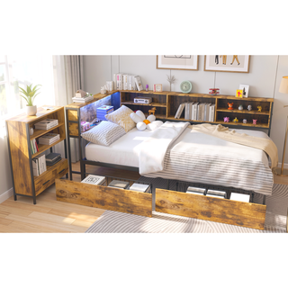 Sunvega Corner Bed Frame with Storage Bookcase Drawers LED Light Charging Station