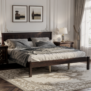 Sunvega Sturdy Wood Platform Bed Frame with Headboard for Queen Size Oak Finish