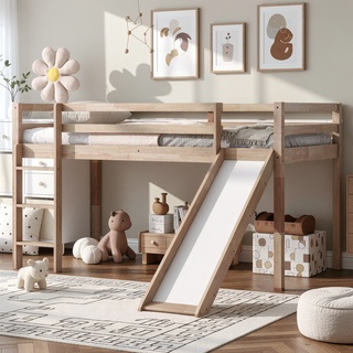 Sunvega Grey Twin Low Loft Bed with Slide, Ladder, and Safety Guardrails